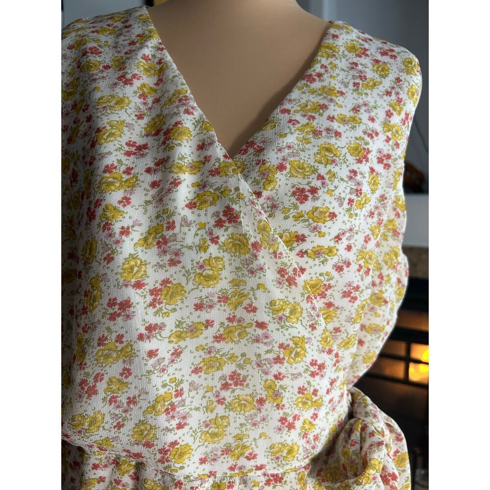 90's Vintage April Cornell Yellow Floral Pattern Wrap Midi Dress Boho Whimsy XL - Picture 4 of 11